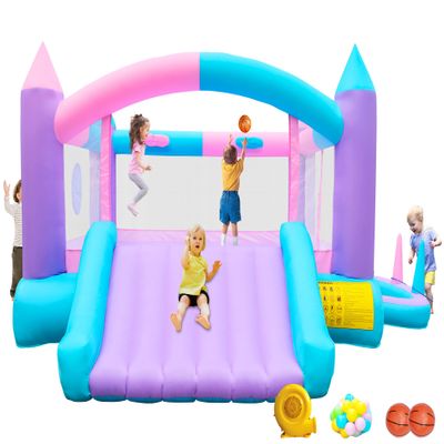 BounBounTime Inflatable Bounce House with Slide, Bouncy Castle for 4 Kids with Blower, 160 x 135 x 70 inches Jumping Bouncer with Ball Pit, Dual Basketball Hoops