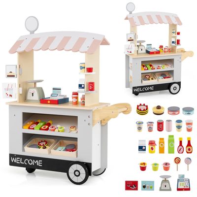 Costzon Kids Grocery Store Playset, Toddler Pretend Market Stand Shop Play Set w/ 30PCS Play Toy, Beverage Rack, Cash Register, Scale, Large Wheels, Wooden Food Cart, Gift for Boys Girls 3+ (Grey)