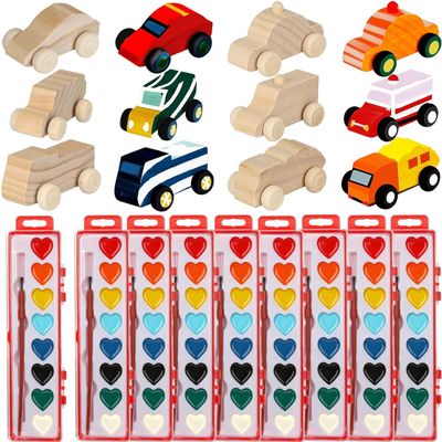 24 Sets Valentines Day Crafts Kids, Wooden DIY Car Toys with Heart Watercolor Paint Unfinished Wood Cars for School Family Arts Crafts Party Favors (24)