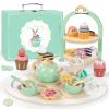 Wooden Tea Party Set for Little Girls, Toddler Pretend Play Food Kitchen Toys, Wooden Tea Set Tray Cake Dessert, Toddler Birthday for Girls Age 2-5 Years Old view 1