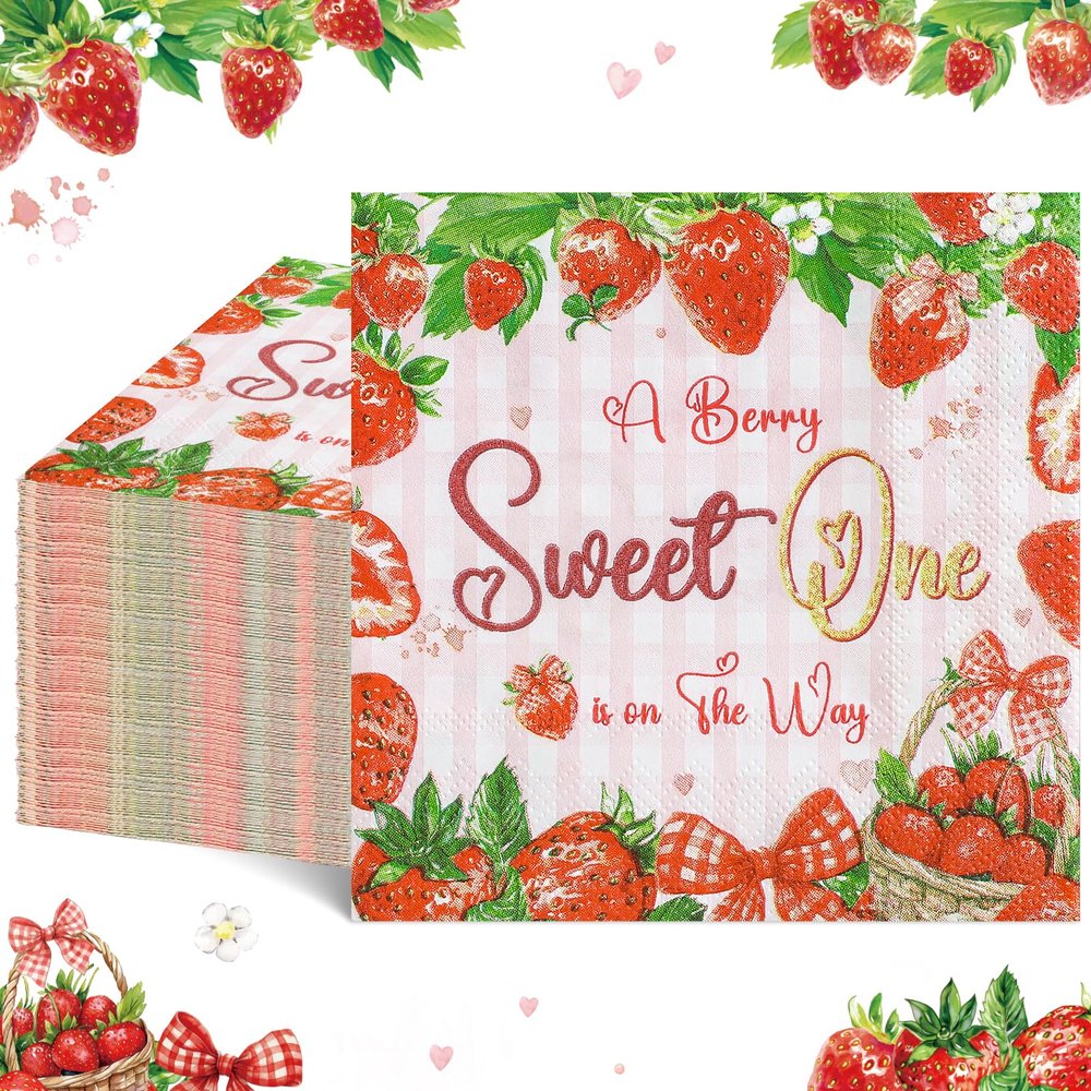 100 Pcs Strawberry Napkins, Strawberry Baby Shower Decorations Napkin Fruit Theme Disposable Cocktail Napkins for Baby Shower Birthday Party