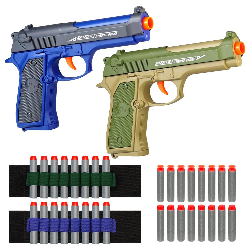 2 Pack Blaster Guns Boys Toy - with 16 Soft Foam Darts Bullets & 2 Wrist Bands - Christmas Birthday Hand Gun Toys Party Supplies for 6,7,8,9,10,11,12 Years Kids(Green Blue)