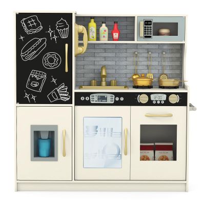Costzon Kids Kitchen Playset, Wooden Pretend Cooking Toy Set w/Real Sound, Large Blackboard, Telephone, Microwave, Ice Maker, Dishwasher, Oven, Storage Space, Play Kitchen for Kids (Creamy White)
