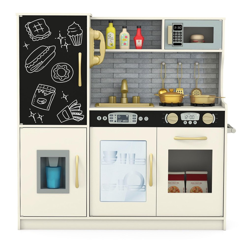 Costzon Kids Kitchen Playset, Wooden Pretend Cooking Toy Set w/Real Sound, Large Blackboard, Telephone, Microwave, Ice Maker, Dishwasher, Oven, Storage Space, Play Kitchen for Kids (Creamy White)