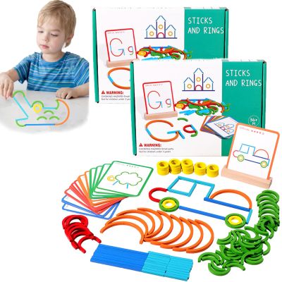 142Pcs Montessori Smart Sticks, Montessori Smart Sticks for Toddlers, Wooden Sticks and Rings Puzzle Game, Montessori Toys Gift for 3 4 5 Years Old Activity Kids Boy Girl (2 Set)