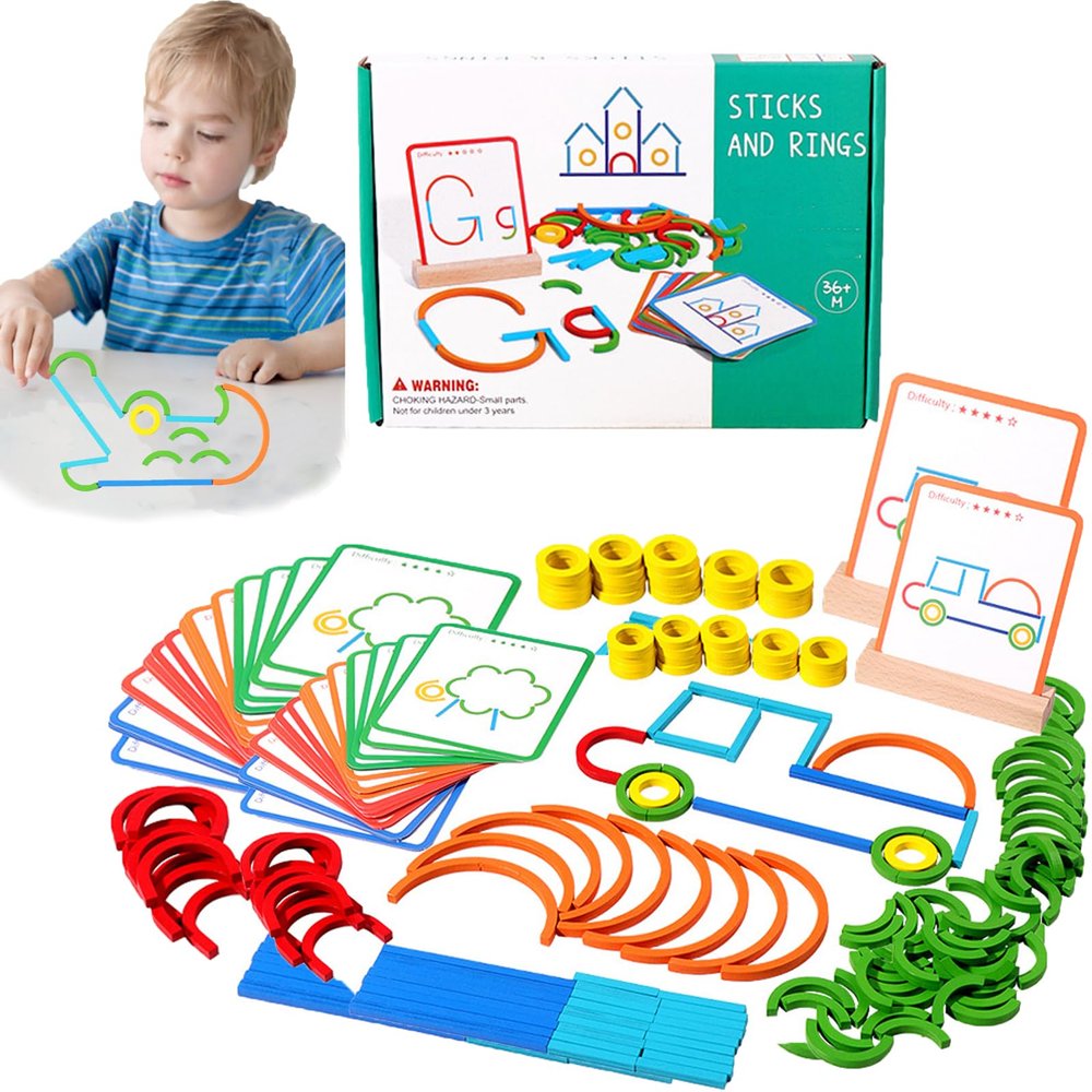 142Pcs Montessori Smart Sticks, Montessori Smart Sticks for Toddlers, Wooden Sticks and Rings Puzzle Game, Montessori Toys Gift for 3 4 5 Years Old Activity Kids Boy Girl (1 Set)