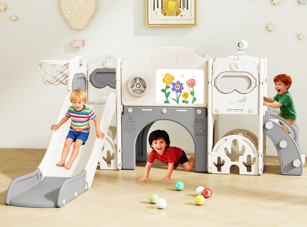 11-in-1 Toddler Slide Playset,Indoor Playground for Kids 1-3 and Toddler Outdoor playset with Golf Set Drawing Set Basketball Hoop, Playground Easy Assembly Bear Theme