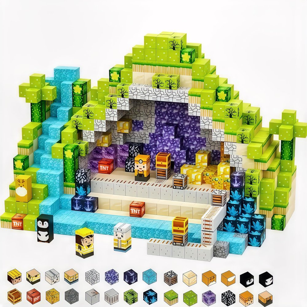 150PCS Magnetic Building Blocks Set for Kids 3+, Forest Mine Exploration Magnetic Cubes with Mini Figures, STEM Educational Construction Toys for Boys Girls, Cave Adventure Themed Magnet Blocks Kit
