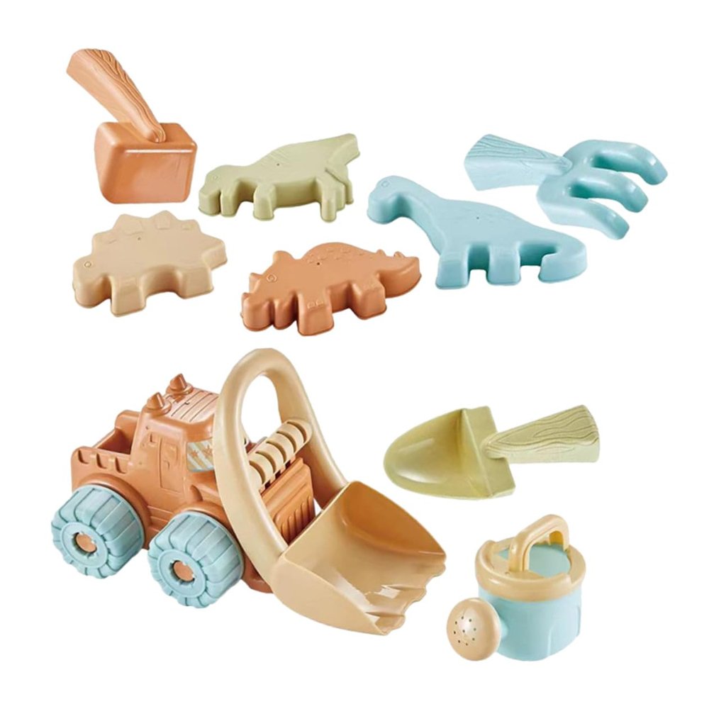 BCOATH 9pcs Beach Set with Sand Rake Shovel Watering Can Dinosaur Sand Molds Outdoor Sandbox Play Accessories for Creative Sandcastle Building and Interactive Beach Fun
