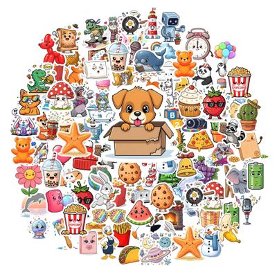 100 Different Fun Stickers for Children  Waterproof Vinyl Sticker Pack with Food, Animals & Objects, Perfect for Water Bottles, Notebooks, Tablets & Scrapbooks
