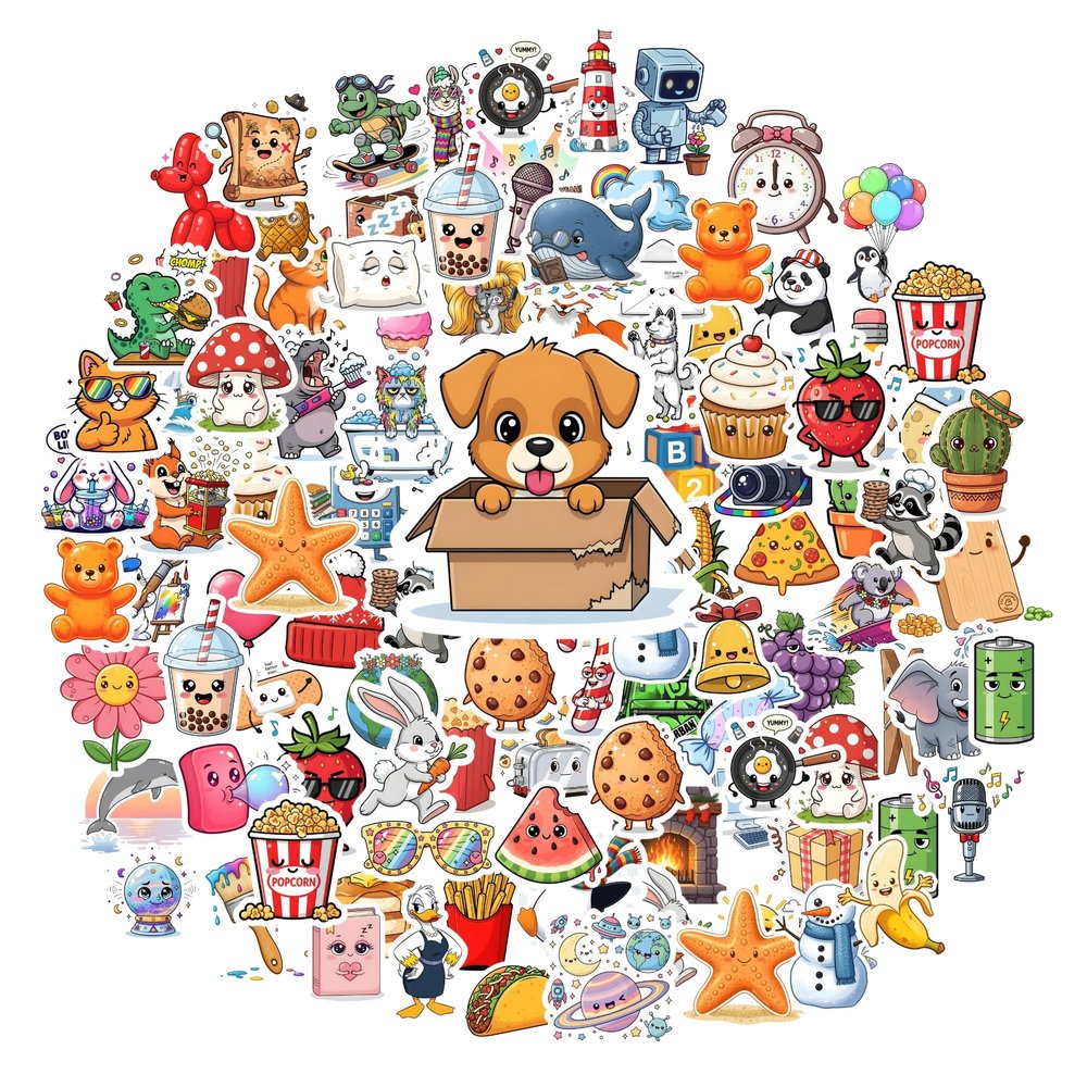 100 Different Fun Stickers for Children  Waterproof Vinyl Sticker Pack with Food, Animals & Objects, Perfect for Water Bottles, Notebooks, Tablets & Scrapbooks