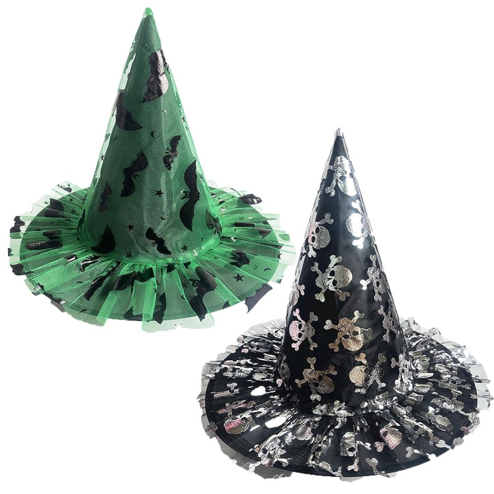 2025 New Witch Hat with Colorful Printed Tulle for Women & Kids, Halloween Costume Wizard Hat for Boys Girls (F#)