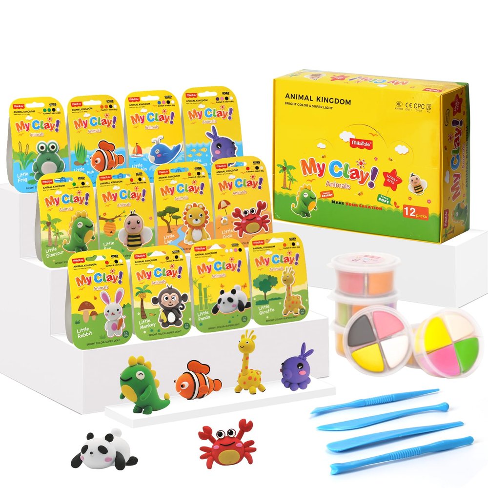 Air Dry Clay Kit, Modeling Magic Clay for Kids,12 Animals DIY Sculpting Set, Ultra Light & Soft, Safe Art Crafts Set for School Projects, Home Crafts,Party Activities, Gifts for Boys & Girls