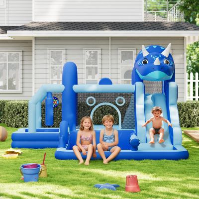 Bounce House, Inflatable Dinosaur Bouncer with Air Blower, Oxford Cloth Jumping Castle with Slide, Climbing Wall and Ball Zone, Durable Sewn Bouncy House for Kids Outdoor Backyard Family Fun