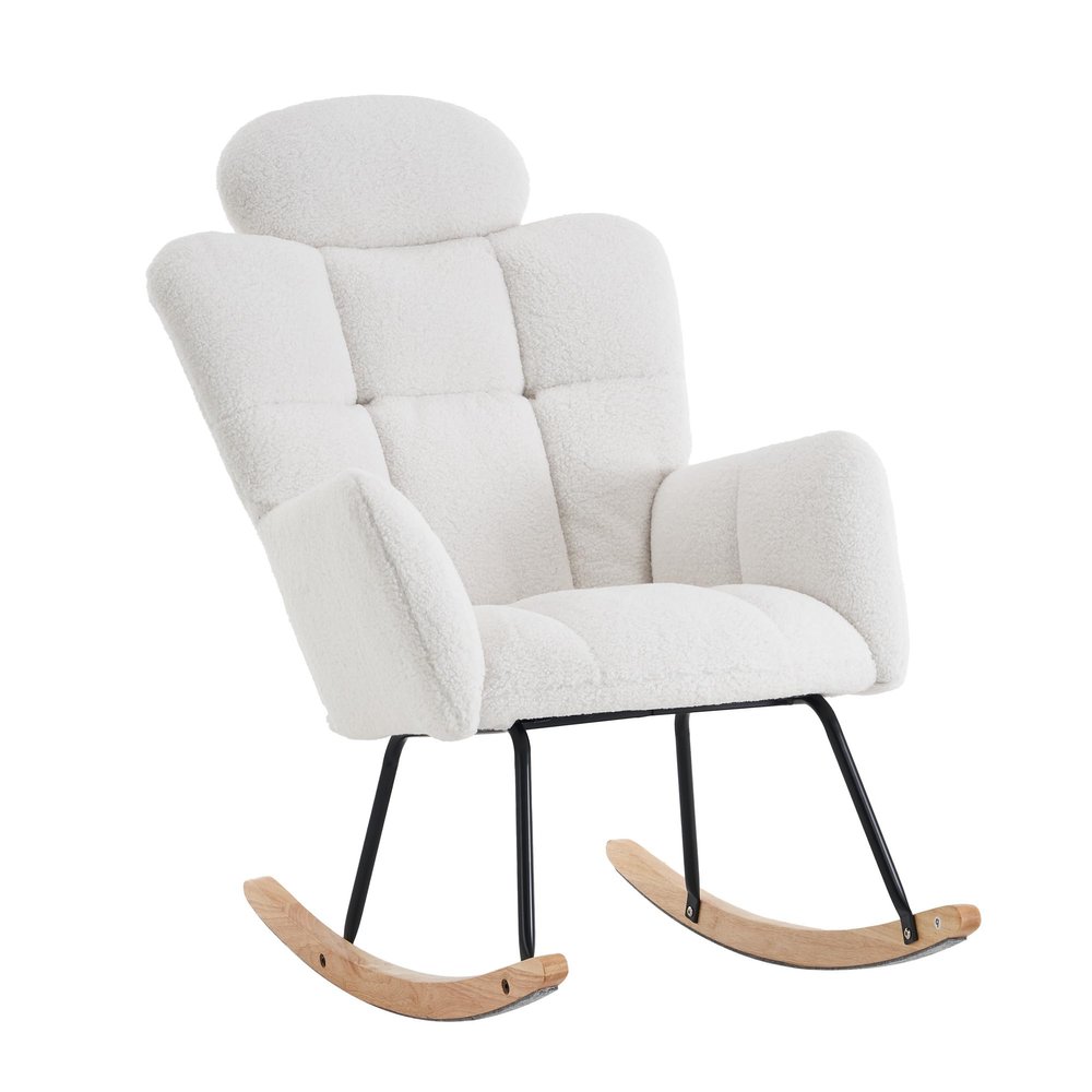 055-Teddy Fabric Upholstered Nursery Rocking Glider Chair Modern Accent Armchair Padded Seat with High Backrest and Pillow for Living Room Bedroom (Ivory)