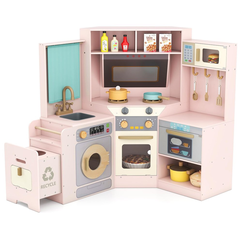 HONEY JOY Corner Play Kitchen with Trash Can, Wooden Pretend Toy Kitchen Set w/Lights, Washing Machine, Stoves, Cookware, Range Hood, Little Chef Kids Kitchen Playset for Toddlers Gift, Pink