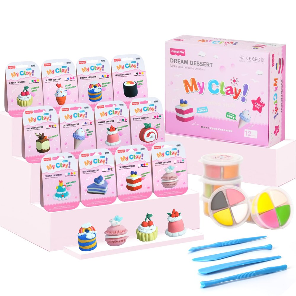 Air Dry Clay Kit, Modeling Magic Clay for Kids,12 Desserts DIY Sculpting Set, Ultra Light & Soft, Safe Art Crafts Set for School Projects, Home Crafts,Party Activities, Gifts for Boys & Girls