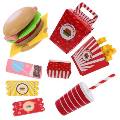 COOLHIYA Realistic Hamburger Play Food Set for Kitchen Pretend Play with Wooden Fries Family Bucket Educational Simulation Enhancing Cognitive Skills and Social Interaction