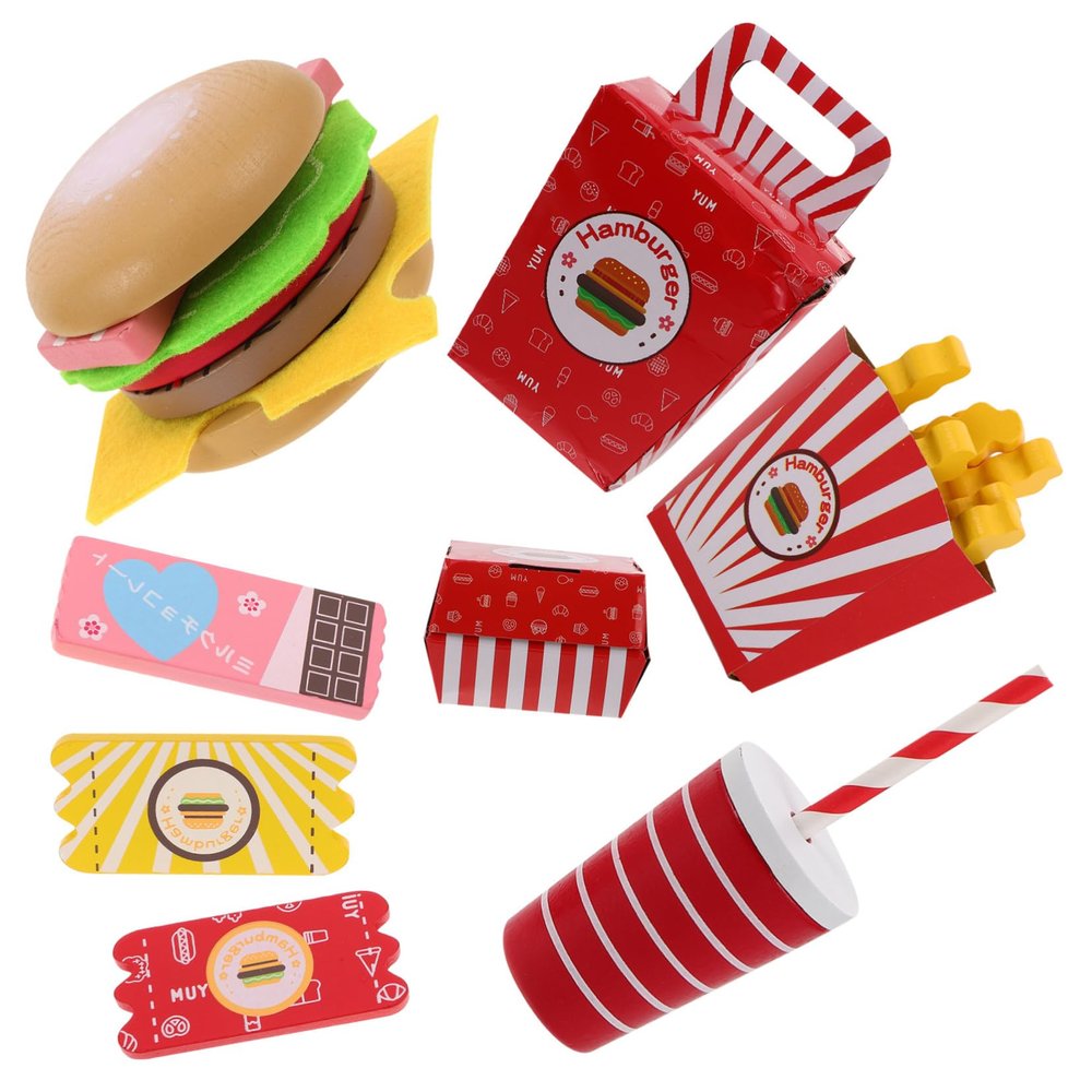COOLHIYA Realistic Hamburger Play Food Set for Kitchen Pretend Play with Wooden Fries Family Bucket Educational Simulation Enhancing Cognitive Skills and Social Interaction