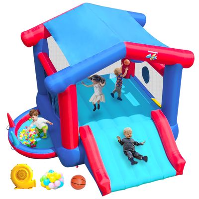 BounBounTime Bounce House, Inflatable Bouncy Castle with Blower for 4 Kids, 143 x 142 x 99 inch, 7 in 1 Jumping Bouncer with Slide, Ball Pit, Basketball