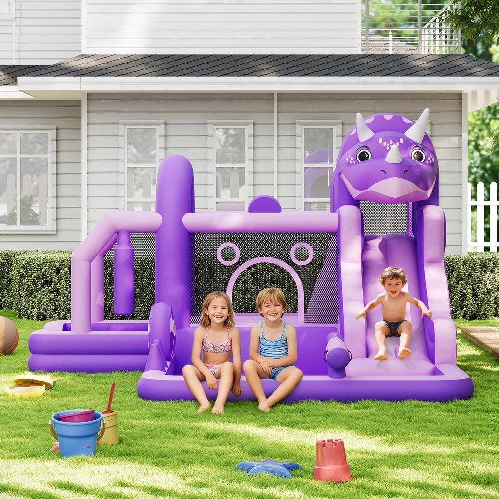 Bounce House, Inflatable Dinosaur Bouncer with Air Blower, Oxford Cloth Jumping Castle with Slide, Climbing Wall and Ball Zone, Durable Sewn Bouncy House for Kids Outdoor Backyard Family Fun