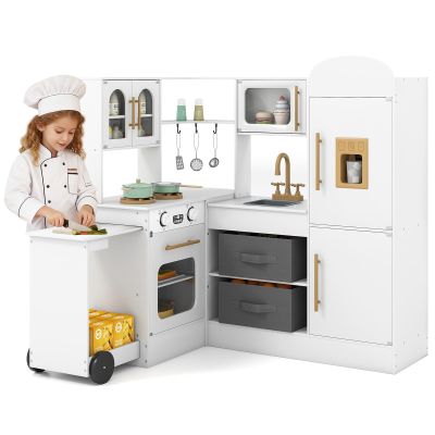 HONEY JOY Corner Play Kitchen with Rolling Cart, Wooden Pretend Toy Kitchen Set w/Lights, Ice Maker, Stoves, Cookware, Sink, High Cabinet, Little Chef Kids Kitchen Playset for Toddlers Gift (White)