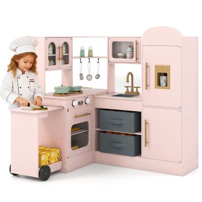 HONEY JOY Corner Play Kitchen with Rolling Cart, Wooden Pretend Toy Kitchen Set w/Lights, Ice Maker, Stoves, Cookware, Sink, High Cabinet, Little Chef Kids Kitchen Playset for Toddlers Gift (Pink)
