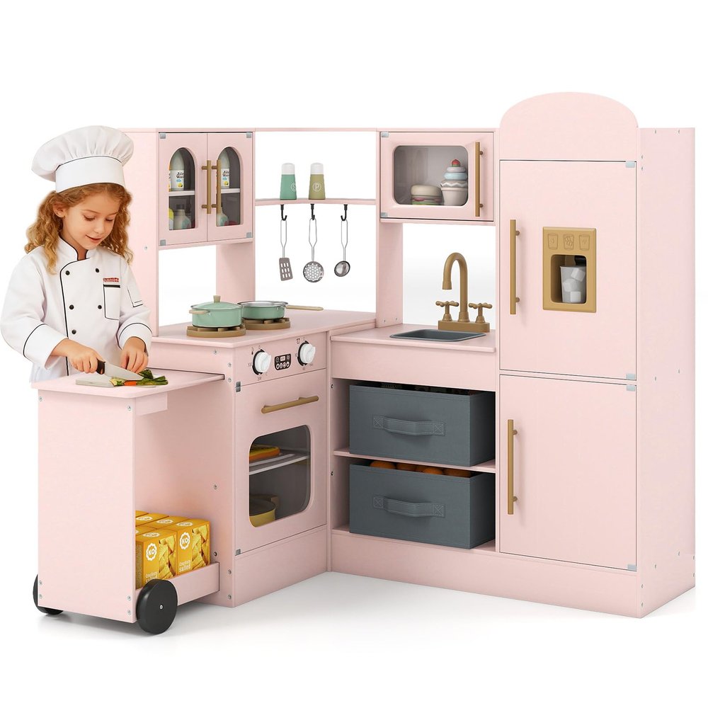 HONEY JOY Corner Play Kitchen with Rolling Cart, Wooden Pretend Toy Kitchen Set w/Lights, Ice Maker, Stoves, Cookware, Sink, High Cabinet, Little Chef Kids Kitchen Playset for Toddlers Gift (Pink)