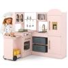 HONEY JOY Corner Play Kitchen with Rolling Cart, Wooden Pretend Toy Kitchen Set w/Lights, Ice Maker, Stoves, Cookware, Sink, High Cabinet, Little Chef Kids Kitchen Playset for Toddlers Gift (Pink) view 1