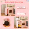 HONEY JOY Corner Play Kitchen with Rolling Cart, Wooden Pretend Toy Kitchen Set w/Lights, Ice Maker, Stoves, Cookware, Sink, High Cabinet, Little Chef Kids Kitchen Playset for Toddlers Gift (Pink) view 2