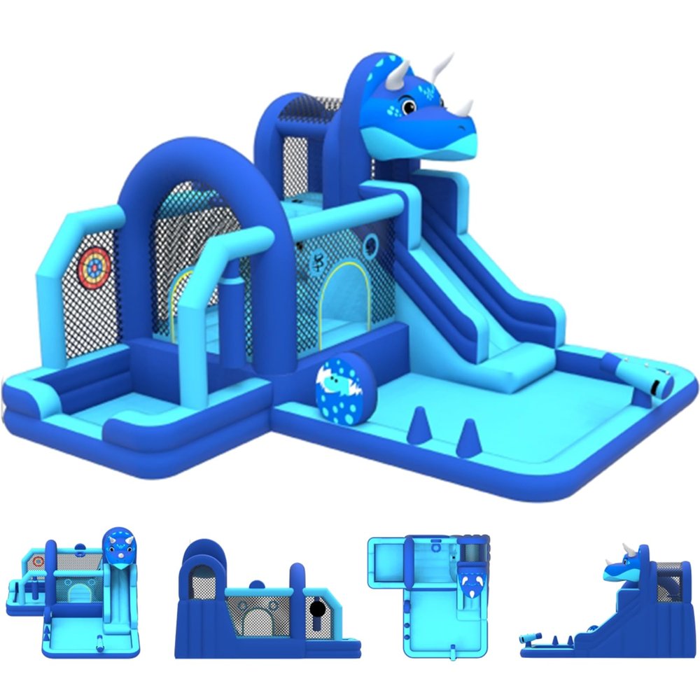 Bounce House, Inflatable Dinosaur Bouncer with Slide and Air Blower, Oxford Cloth Jumping Castle for Kids, Durable Sewn Bouncy House with Large Play Area for Backyard, Indoor & Outdoor Family Fun