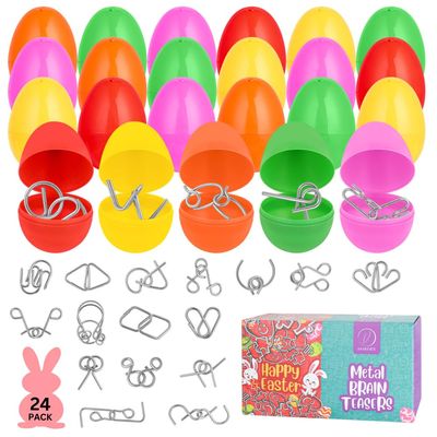 24 Pack Easter Basket Stuffers with Metal Brain Teaser Puzzles Prefilled Eggs with Mini Logic Toys & Instruction Cards, Classroom Gifts, Egg Hunt Prizes, Easter Party Favors for Kids Boys & Girls