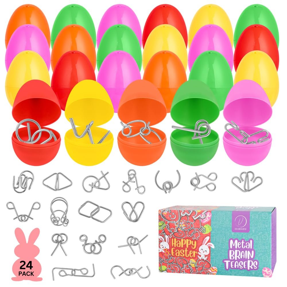 24 Pack Easter Basket Stuffers with Metal Brain Teaser Puzzles  Prefilled Eggs with Mini Logic Toys & Instruction Cards, Classroom Gifts, Egg Hunt Prizes, Easter Party Favors for Kids Boys & Girls