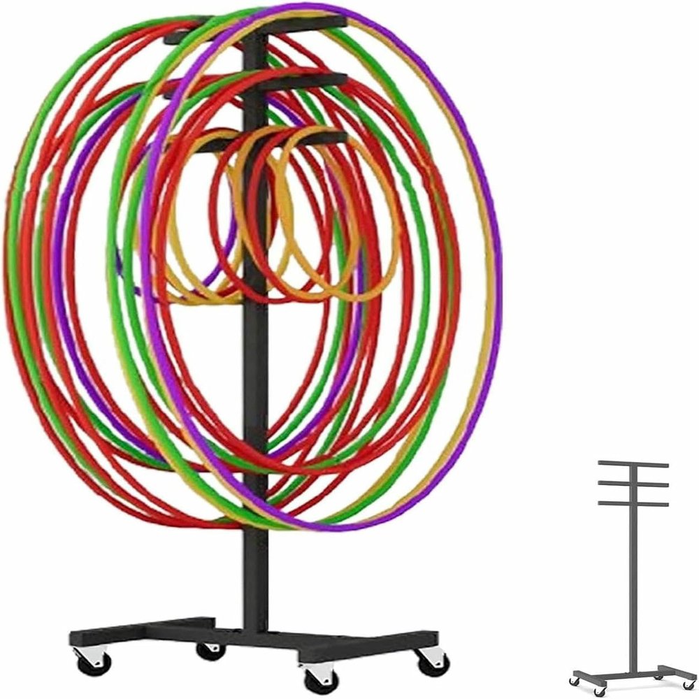 BTOIASYHF Equipment Cart Hula Hoop Stand Up Holders Stand, Metal Mobile Jump Rope Tree Rack, School Gym Exercise Hula Hoops Storage Cart, 4 Wheeler Hula Ring Trolley