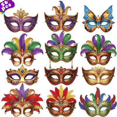 80UncleKimby 56PCS Retro Mardi Gras Masks Bulk Set: Party Decorations Carnival Favors(Paper)