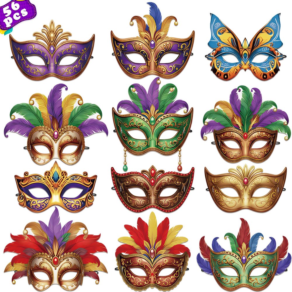 80UncleKimby 56PCS Retro Mardi Gras Masks Bulk Set: Party Decorations Carnival Favors(Paper)