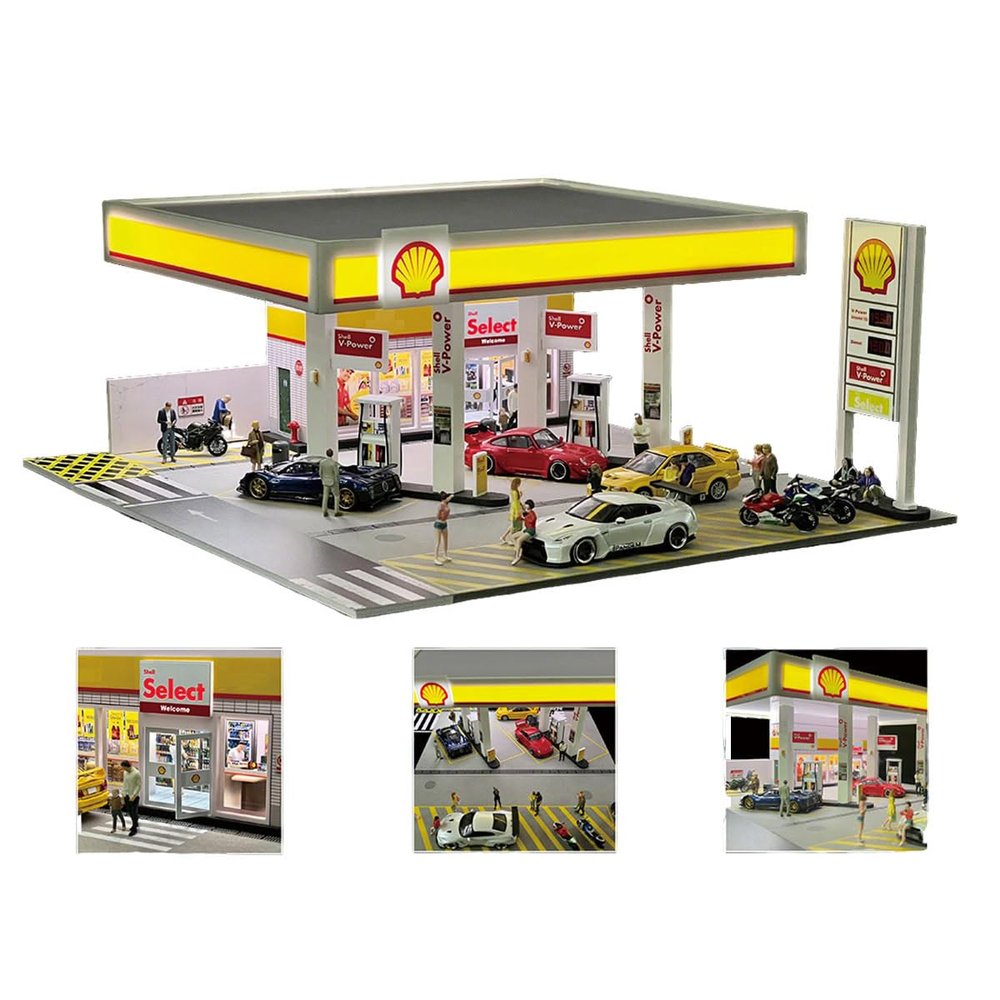1/64 Scale Shell Gas Station Model, Highly Detailed Miniature Building Diorama, Model Building for Cars, Excluding Vehicles and Figures