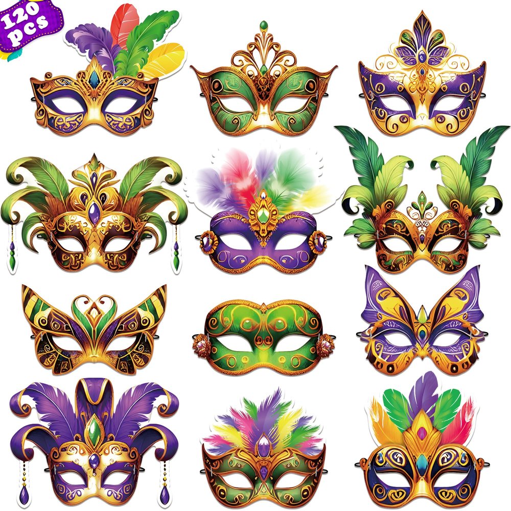 80UncleKimby 120PCS Mardi Gras Masks Bulk Set: Party Decorations Carnival Favors(Paper)