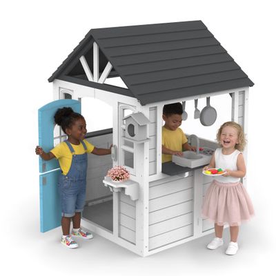 Kids Playhouse Outdoor & Indoor Playset, Modern White Cedar Wooden Playhouse for Ages 38 with Split Dutch Door, Functional Kitchen Set (Includes Stove, Sink), Interactive Doorbell (White)