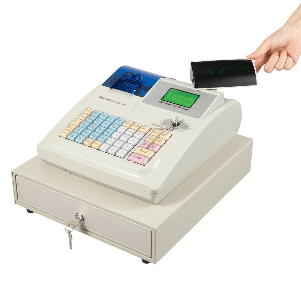 Cash Register, 48 Keys Electronic Cash Register with LED Display and Thermal Print Head, Tabletop Cash Register Safe Cash Register Drawer Receipt Printer Cash Register with Cash Detection Light