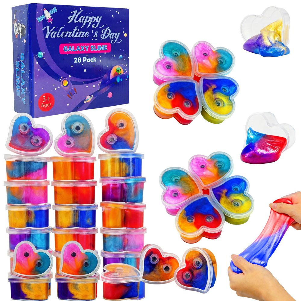 28 Pack Galaxy Heart Slime for Easter Basket StuffersEaster Eggs Fillers,Stress Relief Fidget Slime Toy,Easter Exchange Gifts Classroom Prizes Space Themed Easter Party Favors for Boys Girls