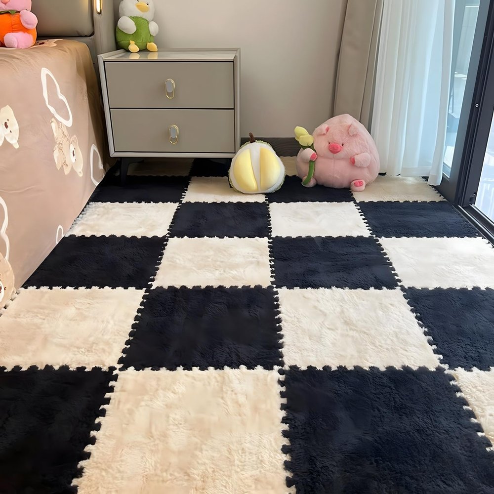 10 Plush Foam Floor Mat Square Interlocking Carpet Tiles with Border Fluffy Play Mat Floor Tiles Soft Climbing Area Rugs for Home Playroom, 11.8inx11.8in