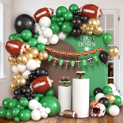 117Pcs Football Balloon Arch Kit Football Birthday Party Decorations, Banner Foil Balloon Green Gold Balloon Garland, Superbowl Party Decorations Sport Theme First Year Down Baby Shower Decor Supplies