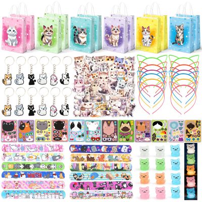 122PCS Cat Party Favors for Girls, Cat Themed Birthday Party Supplies With Goodie Bags Headband DIY Face Stickers Slap Bracelets Resin Cats, Cat Party Favors Easter Gifts Classroom Rewards for Kids