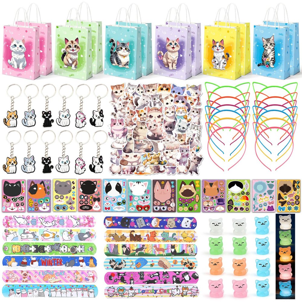 122PCS Cat Party Favors for Girls, Cat Themed Birthday Party Supplies With Goodie Bags Headband DIY Face Stickers Slap Bracelets Resin Cats, Cat Party Favors Easter Gifts Classroom Rewards for Kids