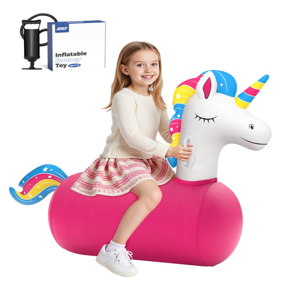 JOSEN Bouncy Hopper Giant Unicorn Ride On Toys, Inflatable Bouncing Animal Hopper with Hand Pump, Jumping Hopping Toys Up to 250lbs, Indoor Outdoor Bouncers for Teen Kids Girls Boys Ages 5+