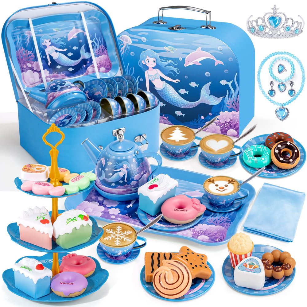 iAOVUEBY Tea Party Set for Little Girls, 49PCS Princess Tea Time Toys Including Teaset Dessert Carrying Case, Kids Pretend Play Kitchen Toys, Toddler Girl Birthday Gifts for 3-8 Year Old, Sea