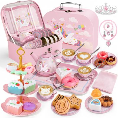 iAOVUEBY Tea Party Set for Little Girls, 49PCS Princess Tea Time Toys Including Teaset Dessert Carrying Case, Kids Pretend Play Kitchen Toys, Toddler Girl Birthday Gifts for 3-8 Year Old, Dream