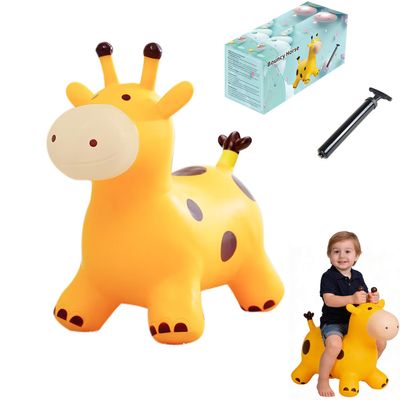 Bouncy Inflatable Giraffe Horse, Yellow Plastic Hopping Toy with Pump and Ball, Ages 3-15 Years