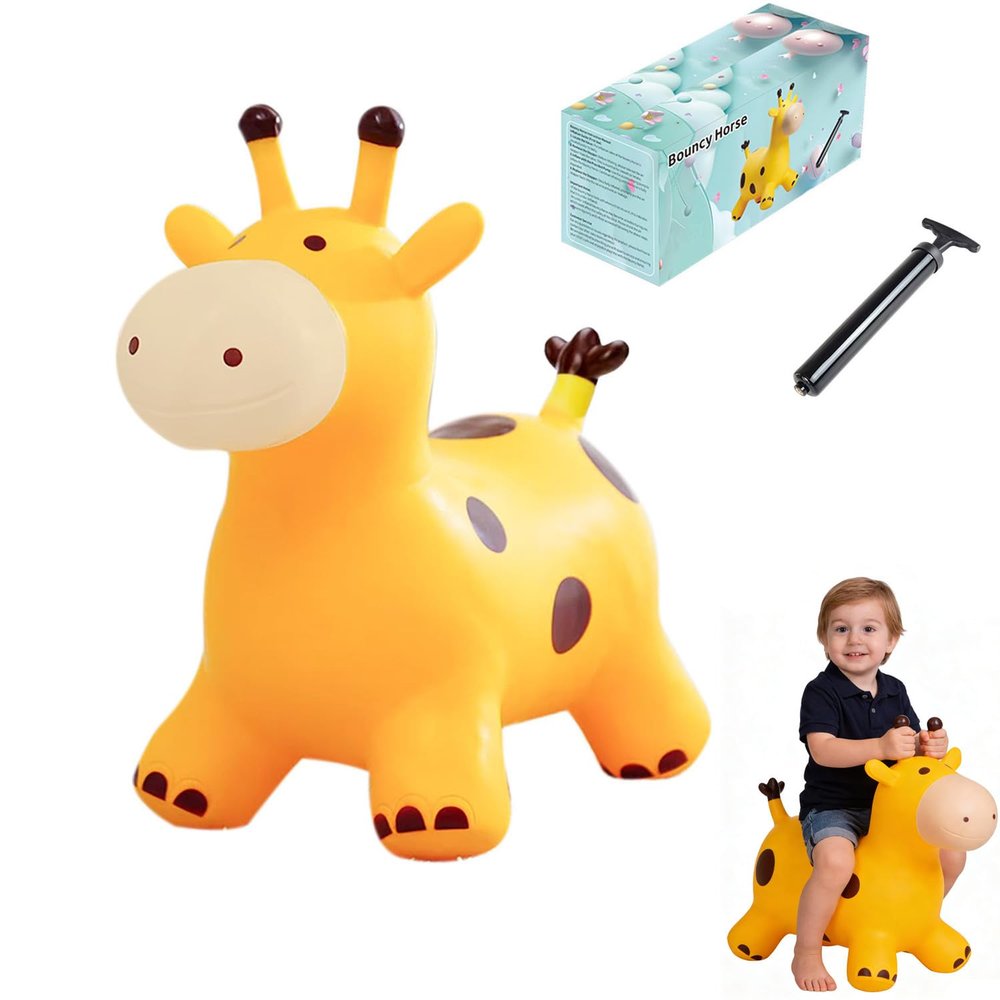 Bouncy Inflatable Giraffe Horse, Yellow Plastic Hopping Toy with Pump and Ball, Ages 3-15 Years